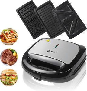 OZAVO Appareil à Croque Monsieur 3 en 1, Noir - Sandwich Grill, Panini Toaster, Gaufre