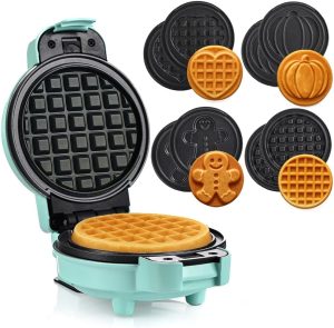 LEHMANN Mini Gaufrier avec Plaques Interchangeables, 4 Formes Rondes : Cœur, Classique, Citrouille, Pain d'Épices, Revêtement Antiadhésif sans BPA, Petit Appareil à Gaufres pour Fêtes, Menthe